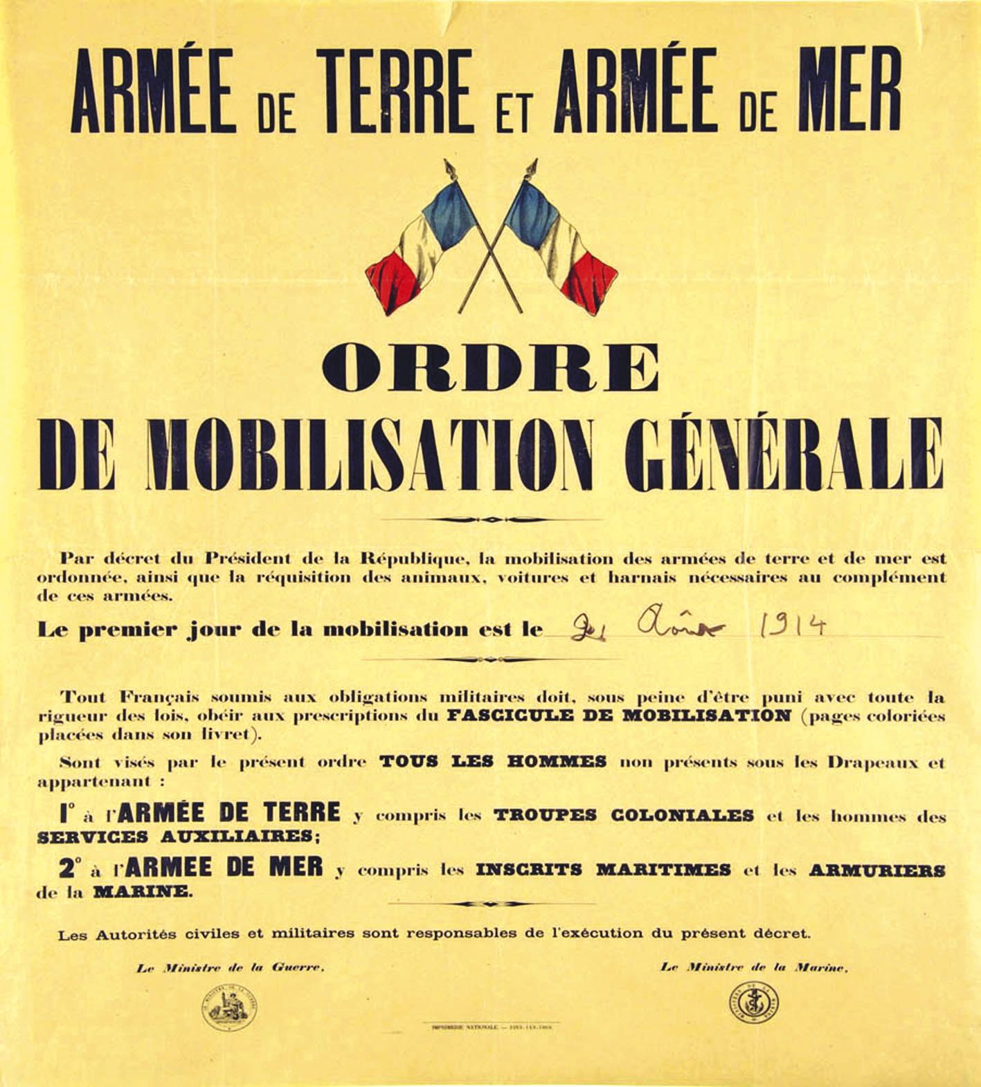 L’ordre de mobilisation générale est placardé sur le territoire le 5 août 1914. 